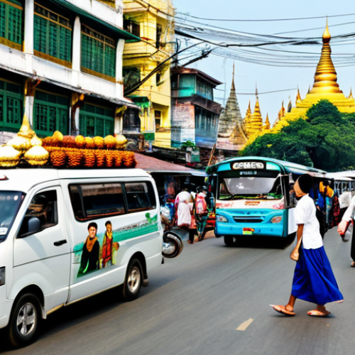 Home 4 Busy Yangon Street Scene**
A vibrant street scene in downtown Yangon, Myanmar. Focus on local buses bustling with passengers, street vendors selling food, and people in traditional longyi clothing. Capture the energy and color of the city. Include the Shwedagon Pagoda in the distant background. Safe for work, appropriate content, fully clothed, professional, family-friendly, perfect anatomy, correct proportions, natural pose.
**