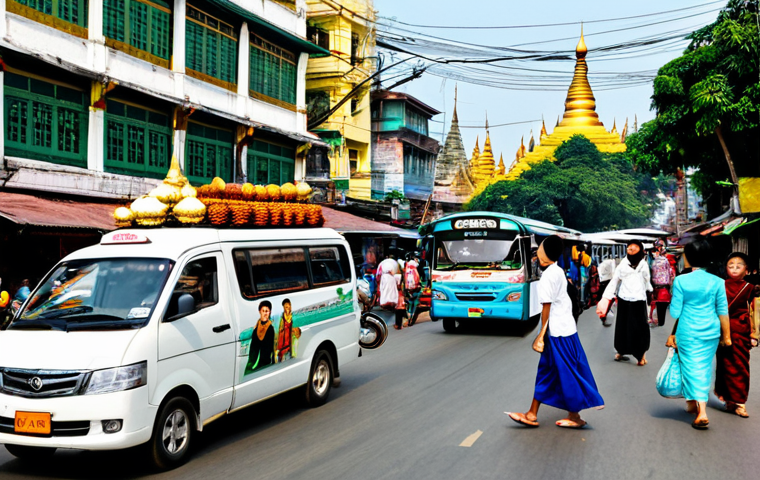 Busy Yangon Street Scene**

A vibrant street scene in downtown Yangon, Myanmar. Focus on local buses bustling with passengers, street vendors selling food, and people in traditional longyi clothing. Capture the energy and color of the city. Include the Shwedagon Pagoda in the distant background. Safe for work, appropriate content, fully clothed, professional, family-friendly, perfect anatomy, correct proportions, natural pose.

**